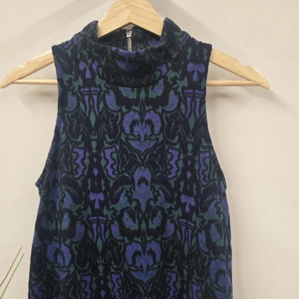 Free People Blue Purple Damask Sleeveless Mock Neck Drop Waist‎ Mini Dress XS